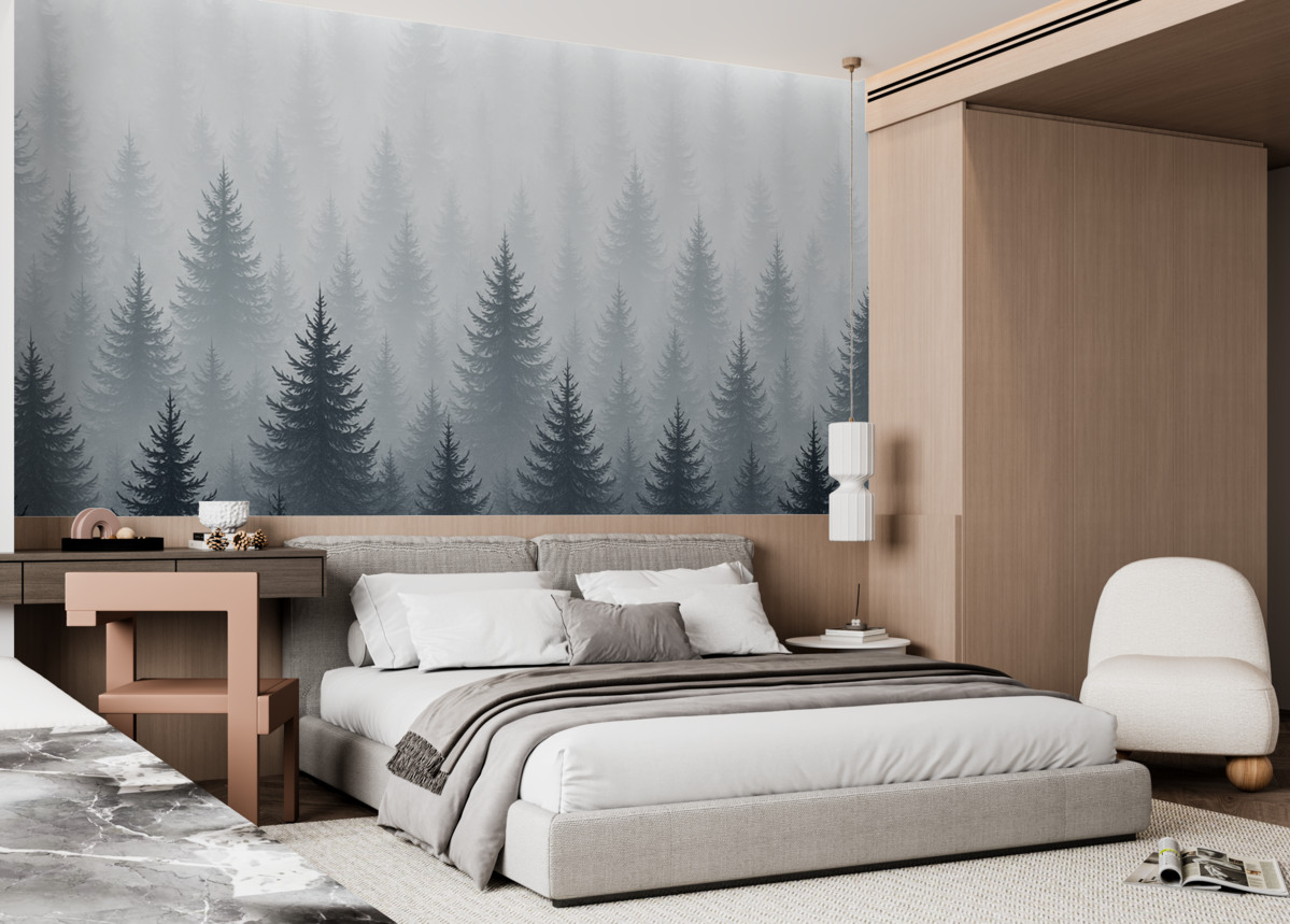 Fototapeta Las sosnowy w mgle.