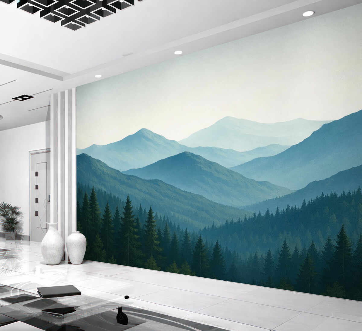 Fototapeta Sylwetki gór w błękitnych tonacjach.