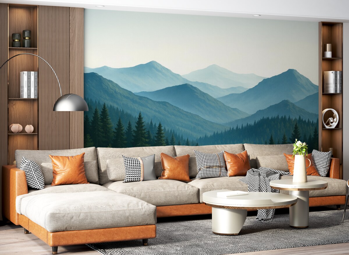 Fototapeta Sylwetki gór w błękitnych tonacjach.