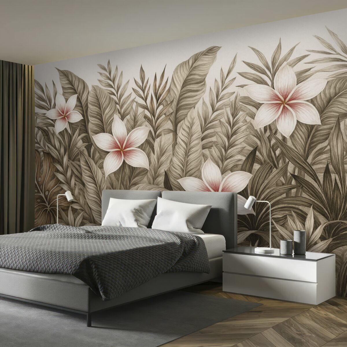 Fototapeta Tropikalne liście oraz kwiaty.