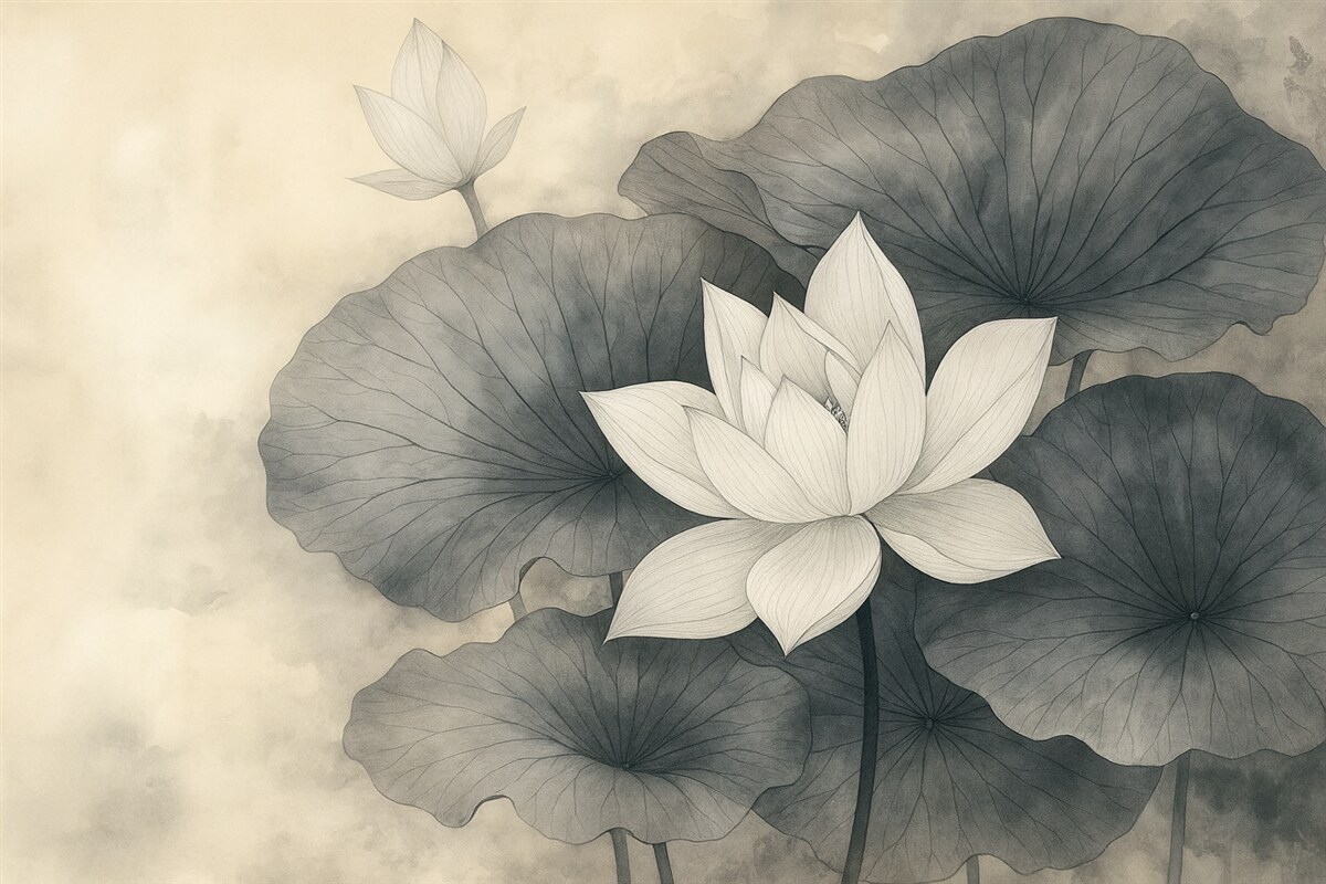 Fototapeta liście lotosu w delikatnym stylu na jasnobrązowym tle