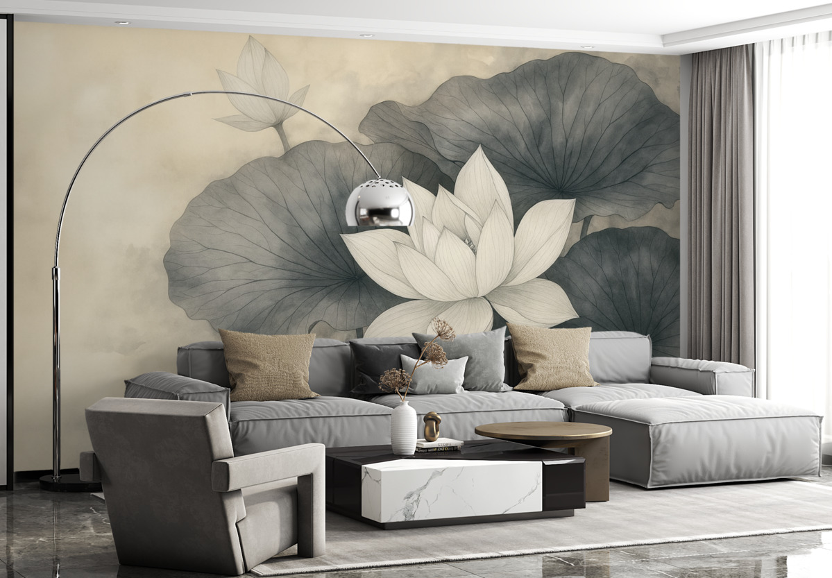 Fototapeta liście lotosu w delikatnym stylu na jasnobrązowym tle