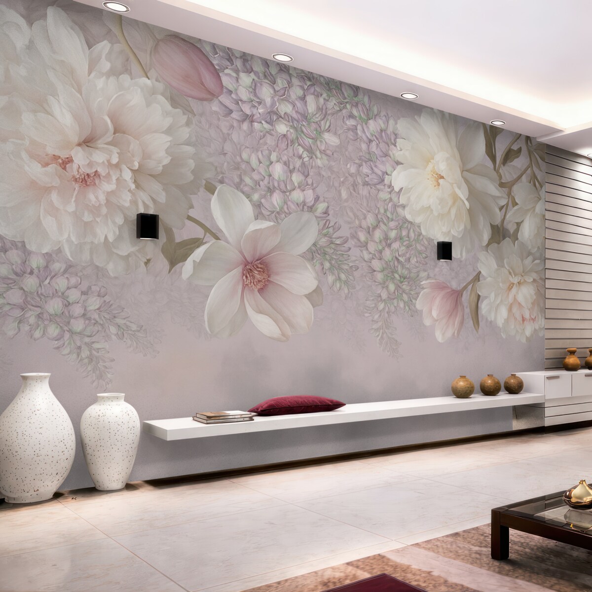 Fototapeta Wielkie kwiaty piwonii, róż oraz tulipanów.