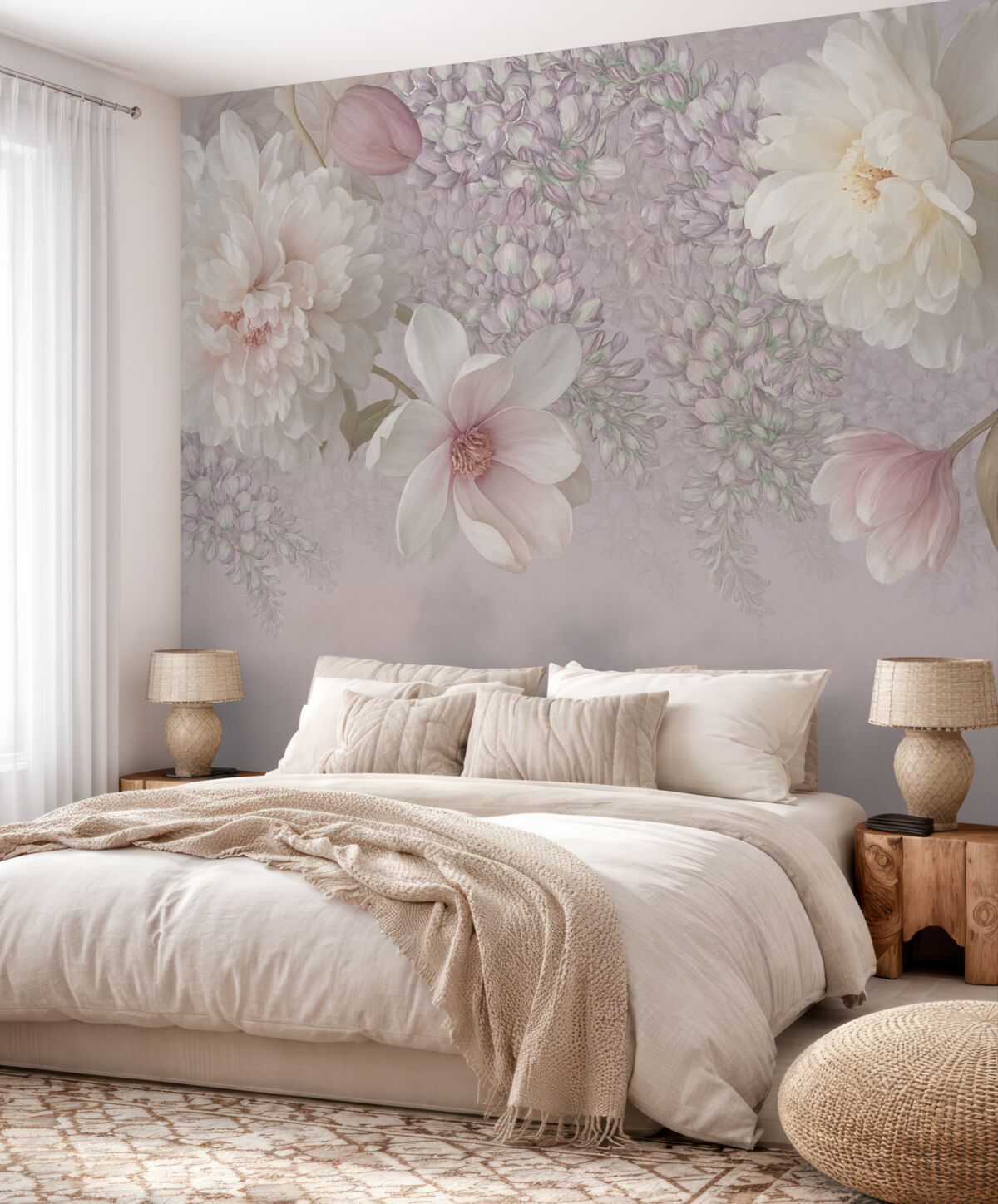 Fototapeta Wielkie kwiaty piwonii, róż oraz tulipanów.