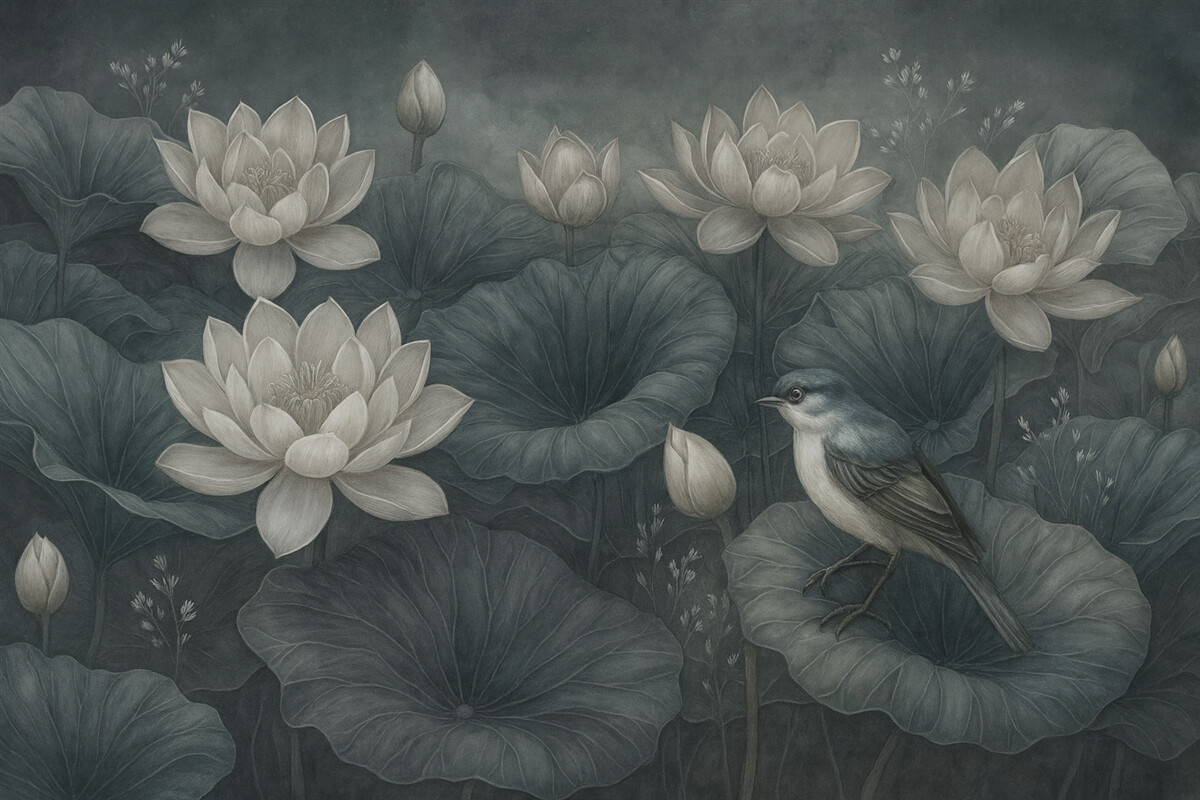 Fototapeta Cudowne kwiaty lotosu z liśćmi i ptakiem.