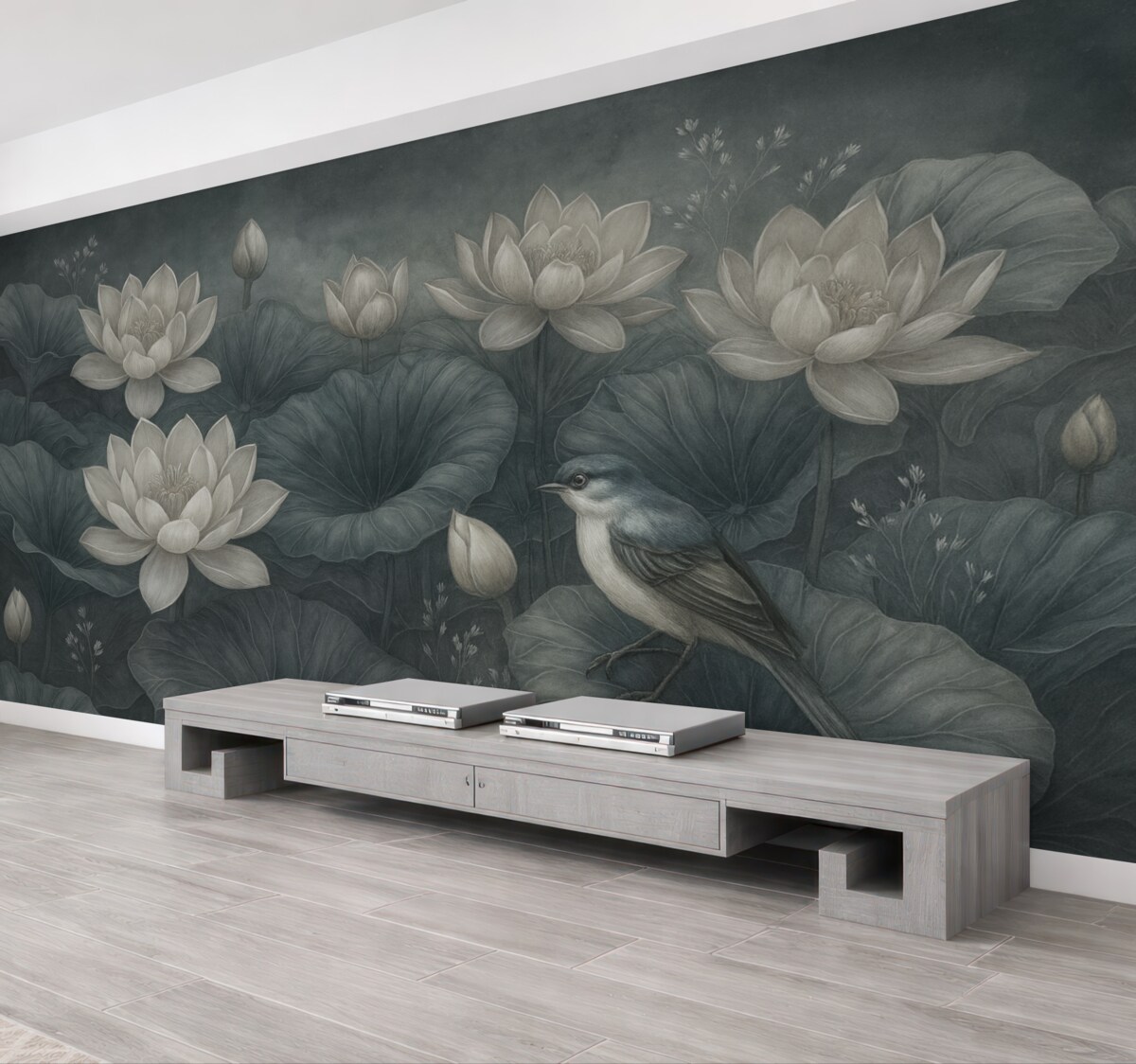 Fototapeta Cudowne kwiaty lotosu z liśćmi i ptakiem.