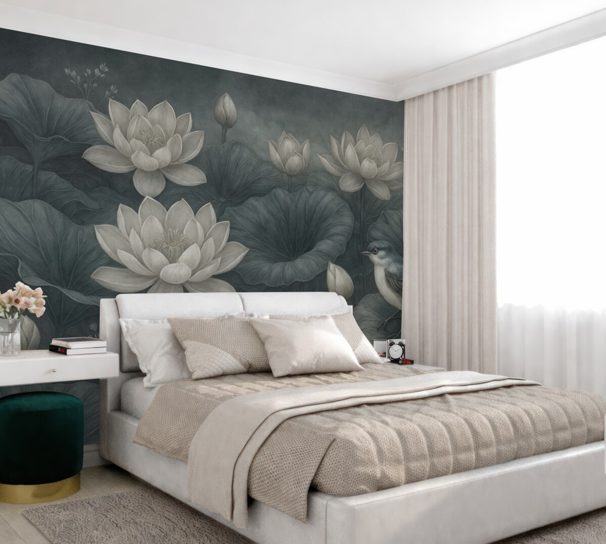 Fototapeta Cudowne kwiaty lotosu z liśćmi i ptakiem.