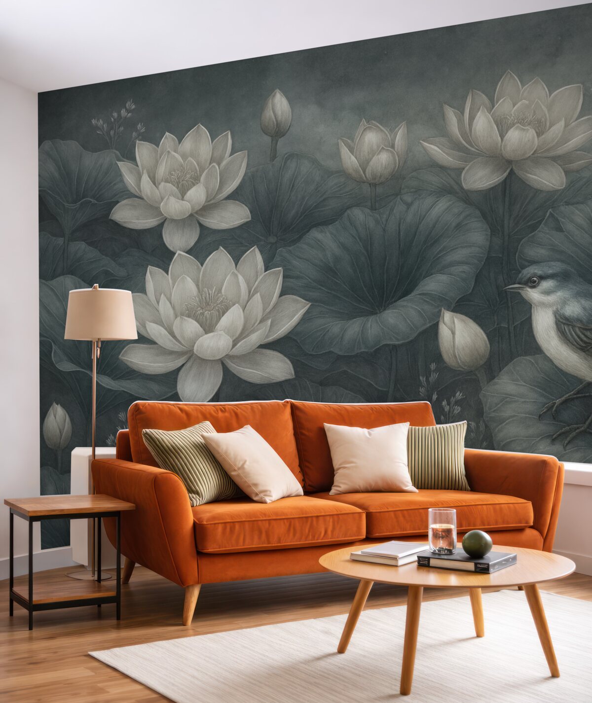 Fototapeta Cudowne kwiaty lotosu z liśćmi i ptakiem.