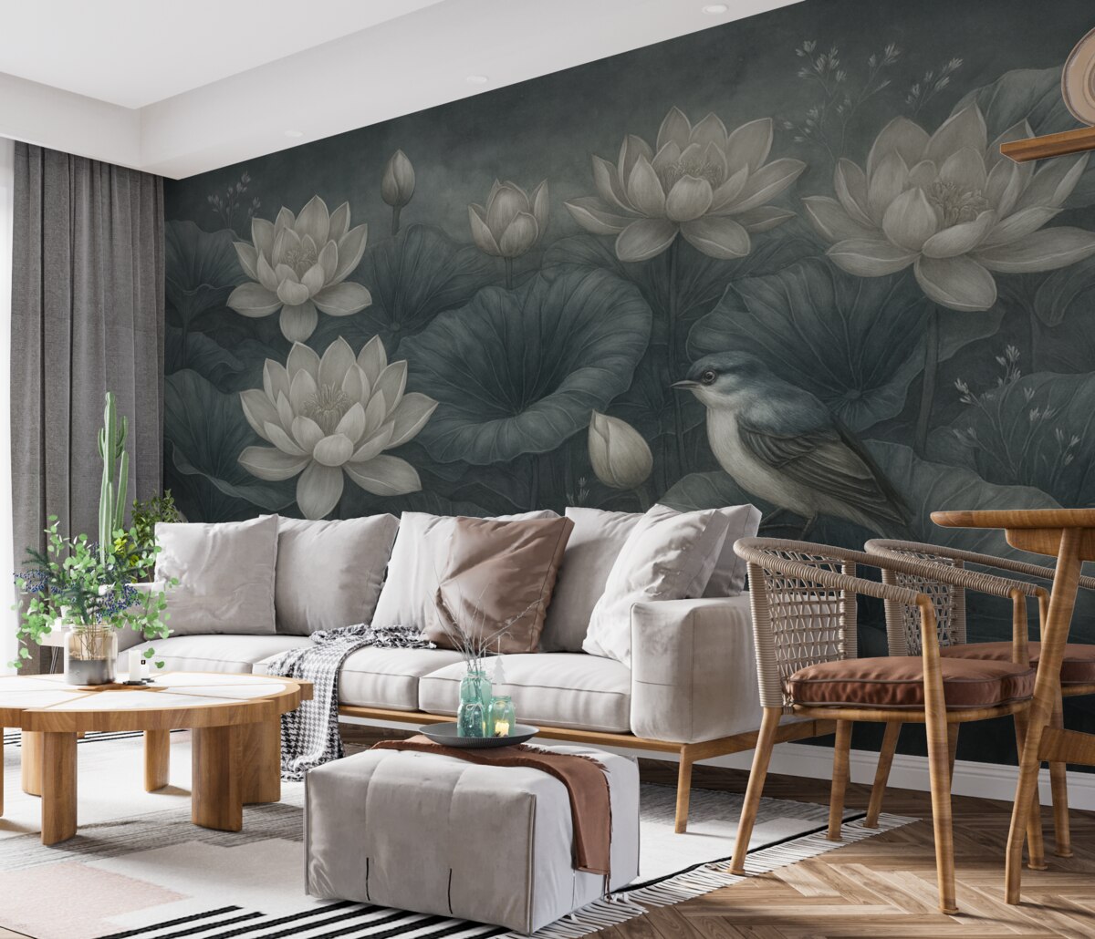 Fototapeta Cudowne kwiaty lotosu z liśćmi i ptakiem.