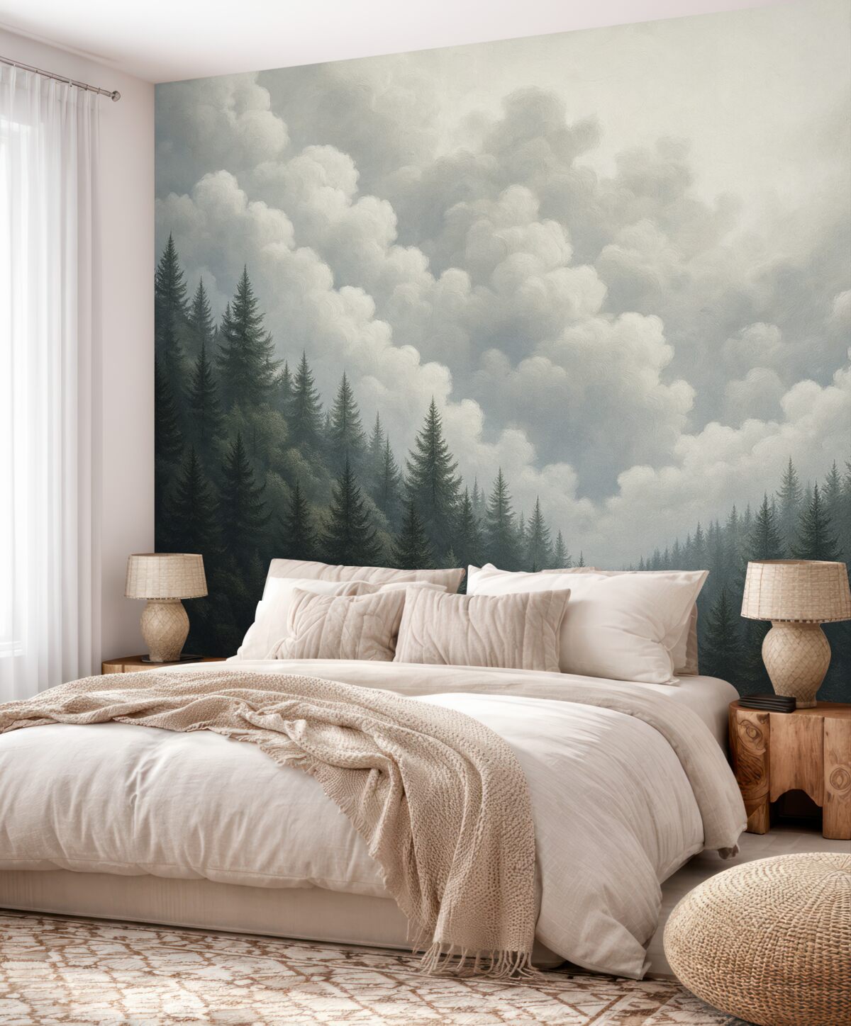 Fototapeta Pomalowane gęste chmury nad lasem w technice olejnej.