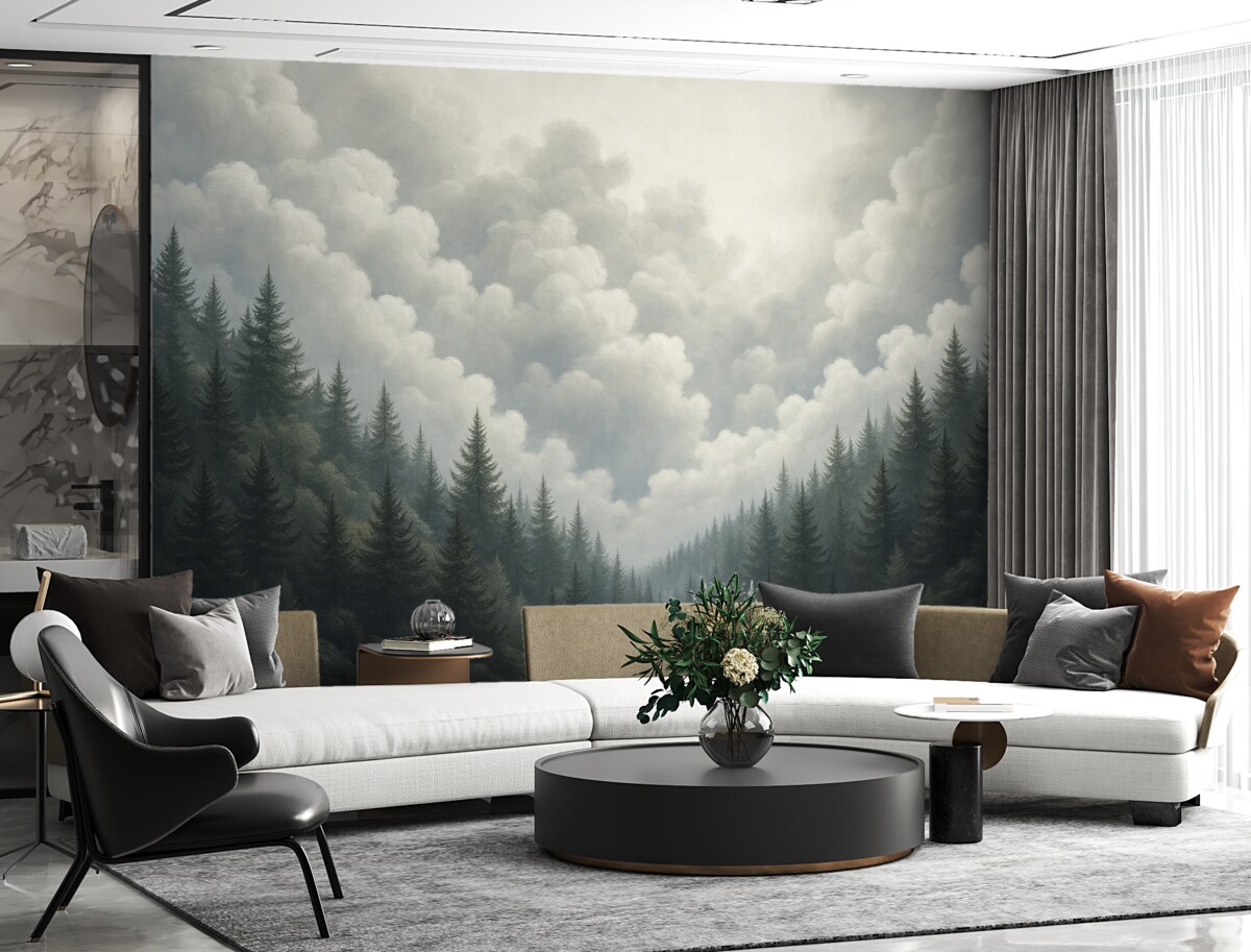 Fototapeta Pomalowane gęste chmury nad lasem w technice olejnej.