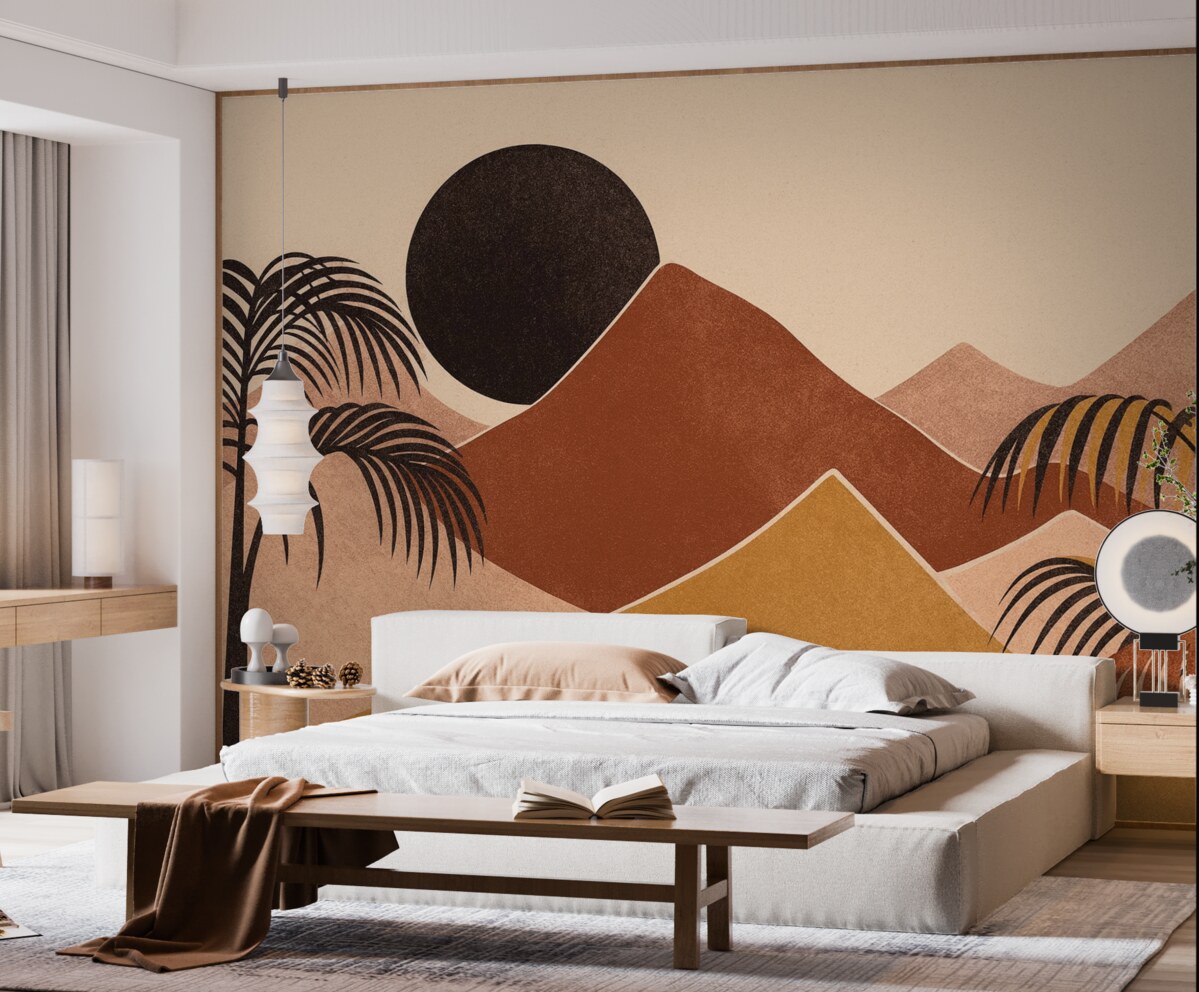 Fototapeta Abstrakcyjny pejzaż górski z palmami.