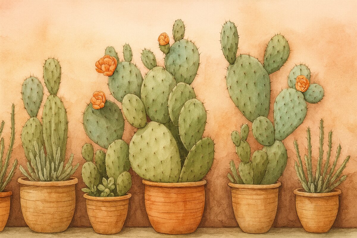 Fototapeta Kaktusy w pojemnikach przy murze.