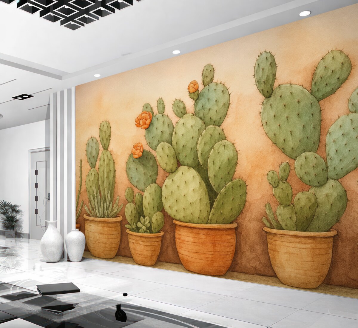 Fototapeta Kaktusy w pojemnikach przy murze.