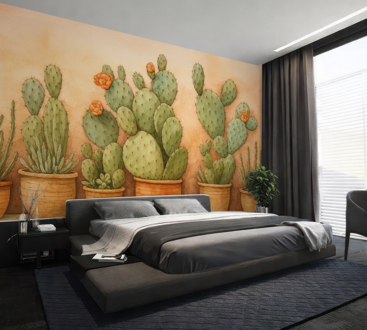 Fototapeta Kaktusy w pojemnikach przy murze.