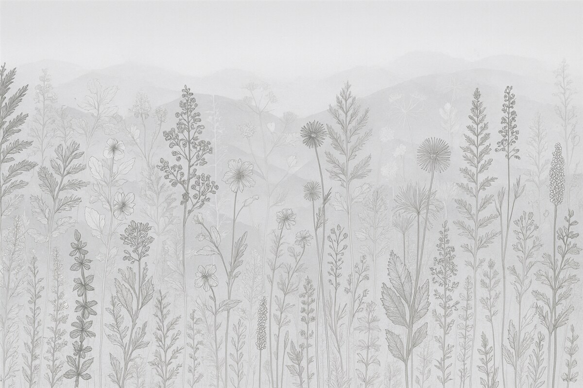 Fototapeta tapeta w stylu ekologicznym, łąkowe kwiaty w tonacji szarości