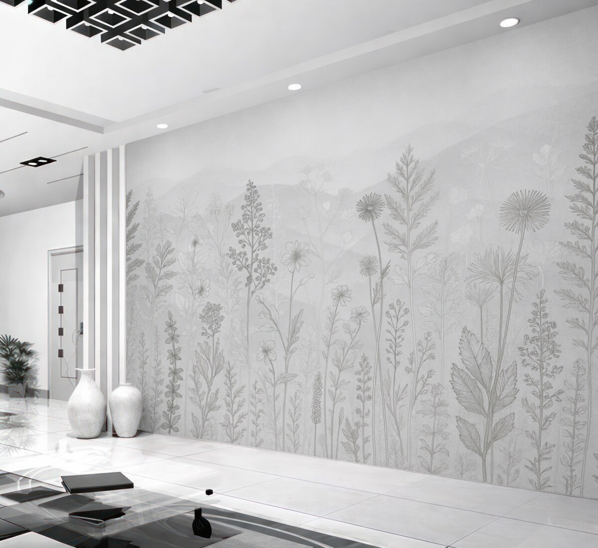 Fototapeta tapeta w stylu ekologicznym, łąkowe kwiaty w tonacji szarości