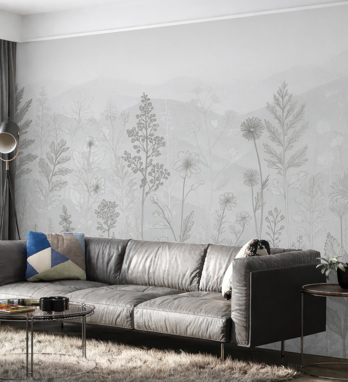 Fototapeta tapeta w stylu ekologicznym, łąkowe kwiaty w tonacji szarości