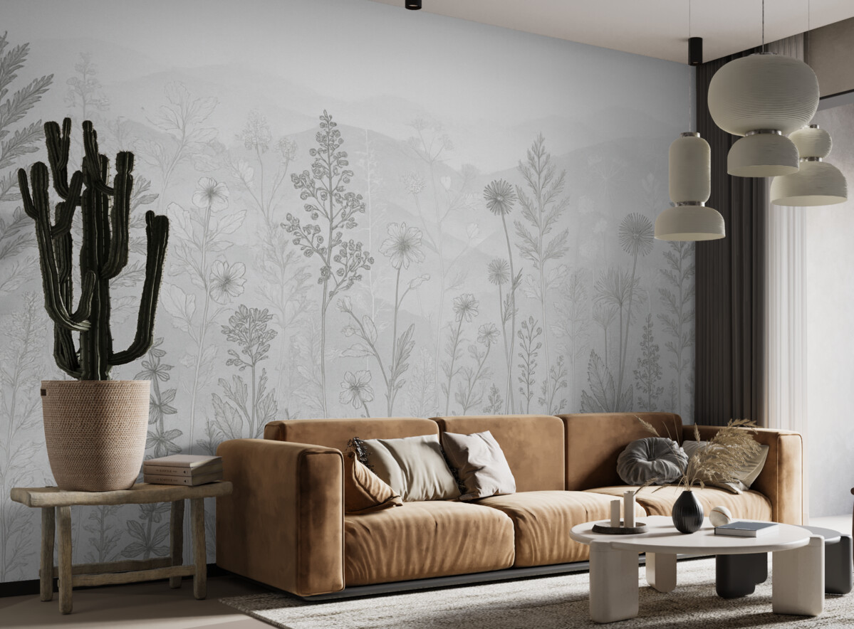 Fototapeta tapeta w stylu ekologicznym, łąkowe kwiaty w tonacji szarości