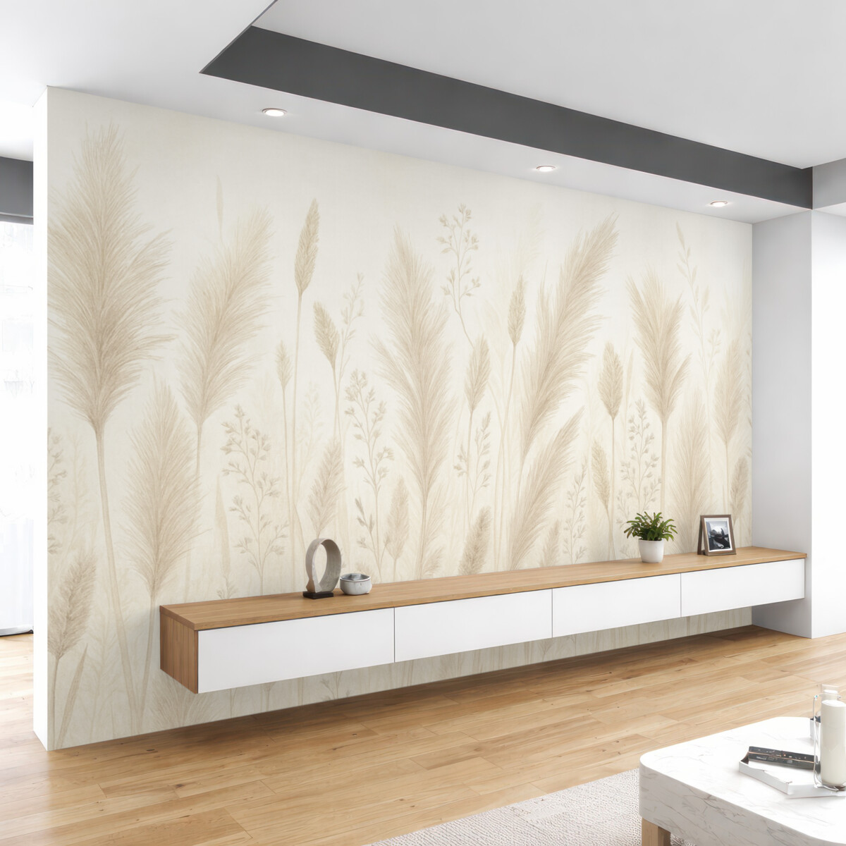 Fototapeta Subtelne dzikie kwiaty i kłosy w łagodnych pastelowych odcieniach.