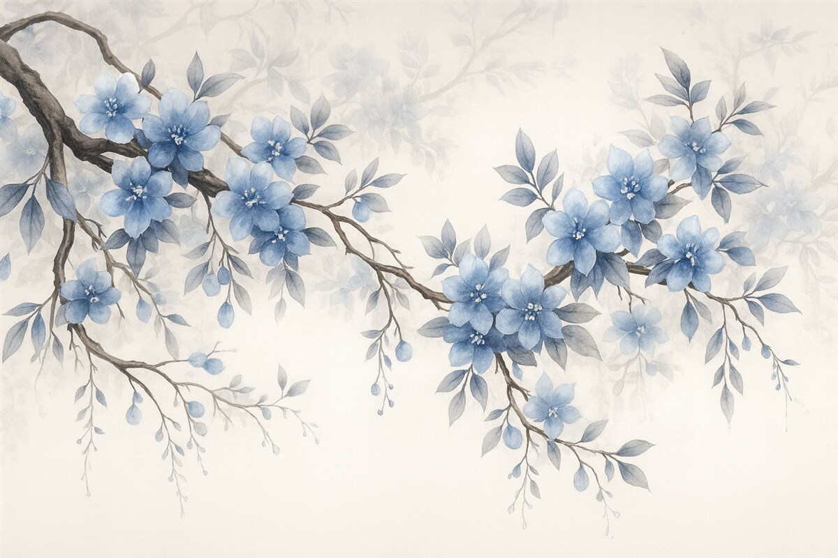 Fototapeta Stylowe gałązki z kwiatkami i liśćmi.