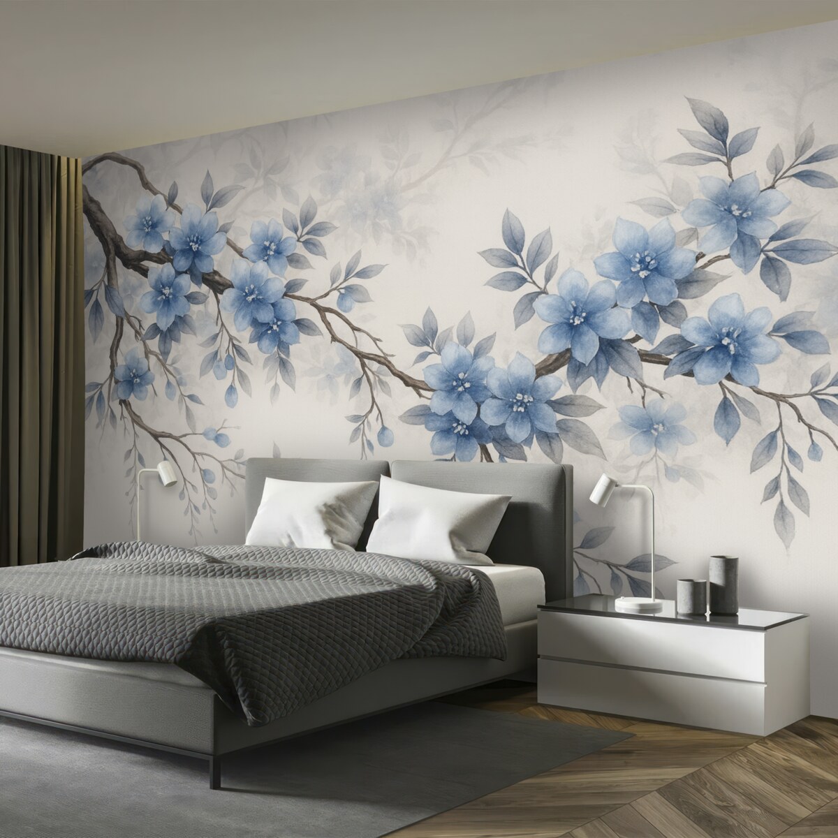 Fototapeta Stylowe gałązki z kwiatkami i liśćmi.