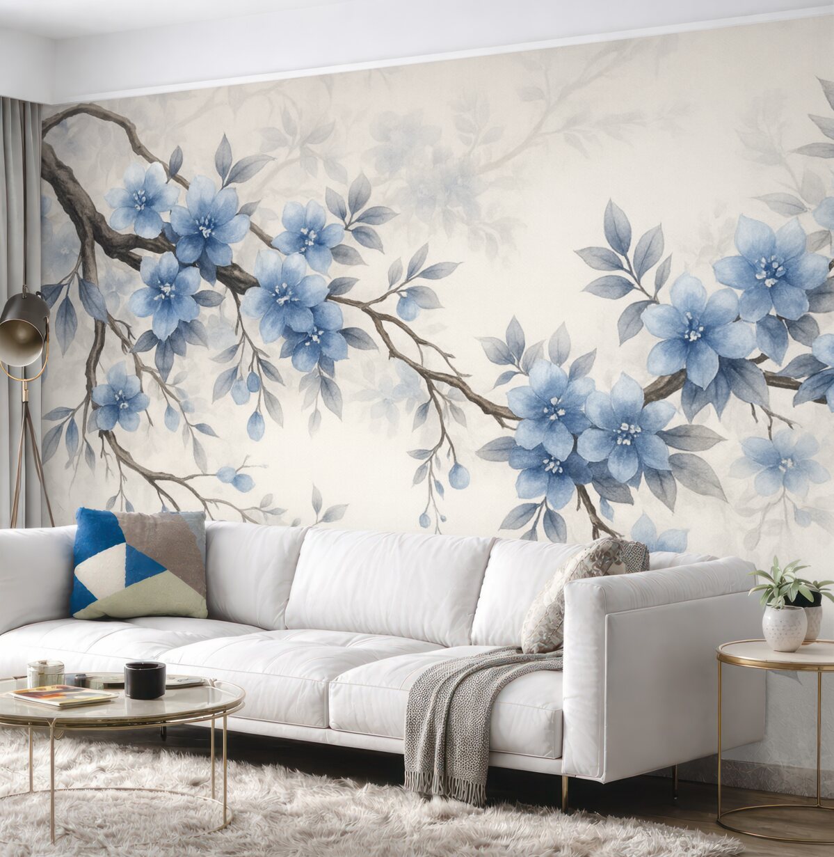 Fototapeta Stylowe gałązki z kwiatkami i liśćmi.