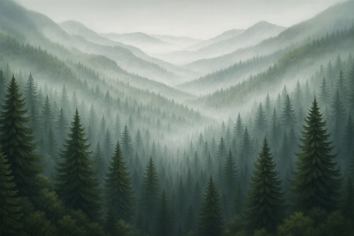 Fototapeta Zamglony zielony las.