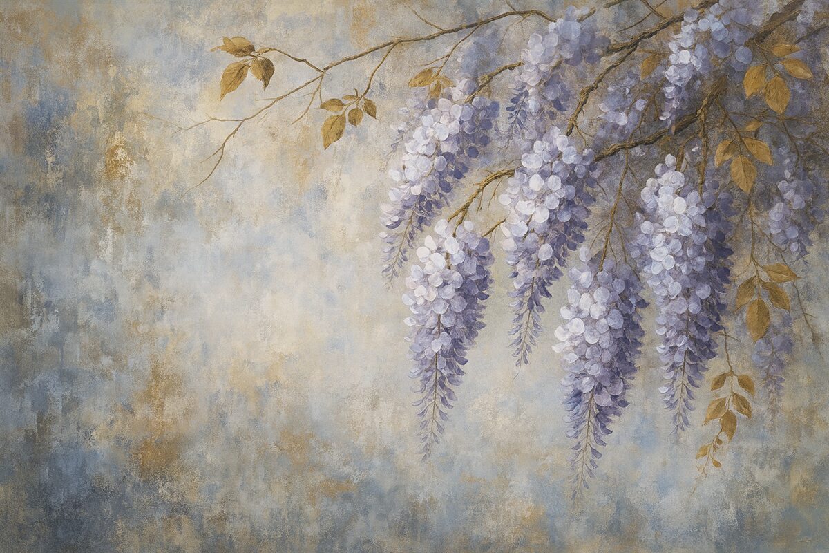 Fototapeta Teksturowana tapeta w łagodnych, subtelnych barwach z delikatnymi kwiatuszkami i gałązkami wisterii.