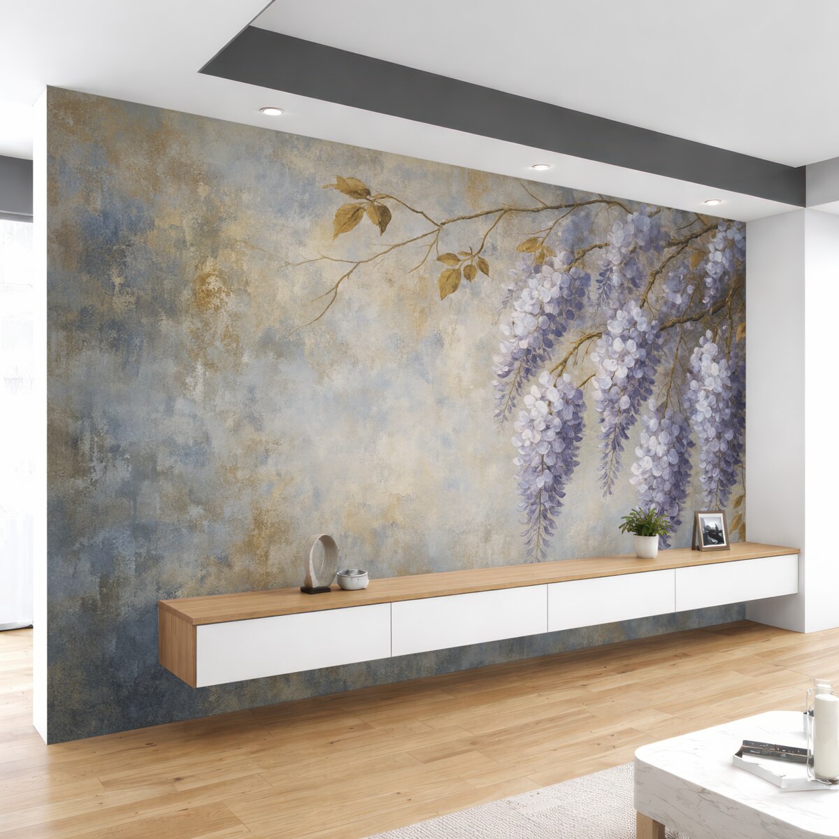 Fototapeta Teksturowana tapeta w łagodnych, subtelnych barwach z delikatnymi kwiatuszkami i gałązkami wisterii.