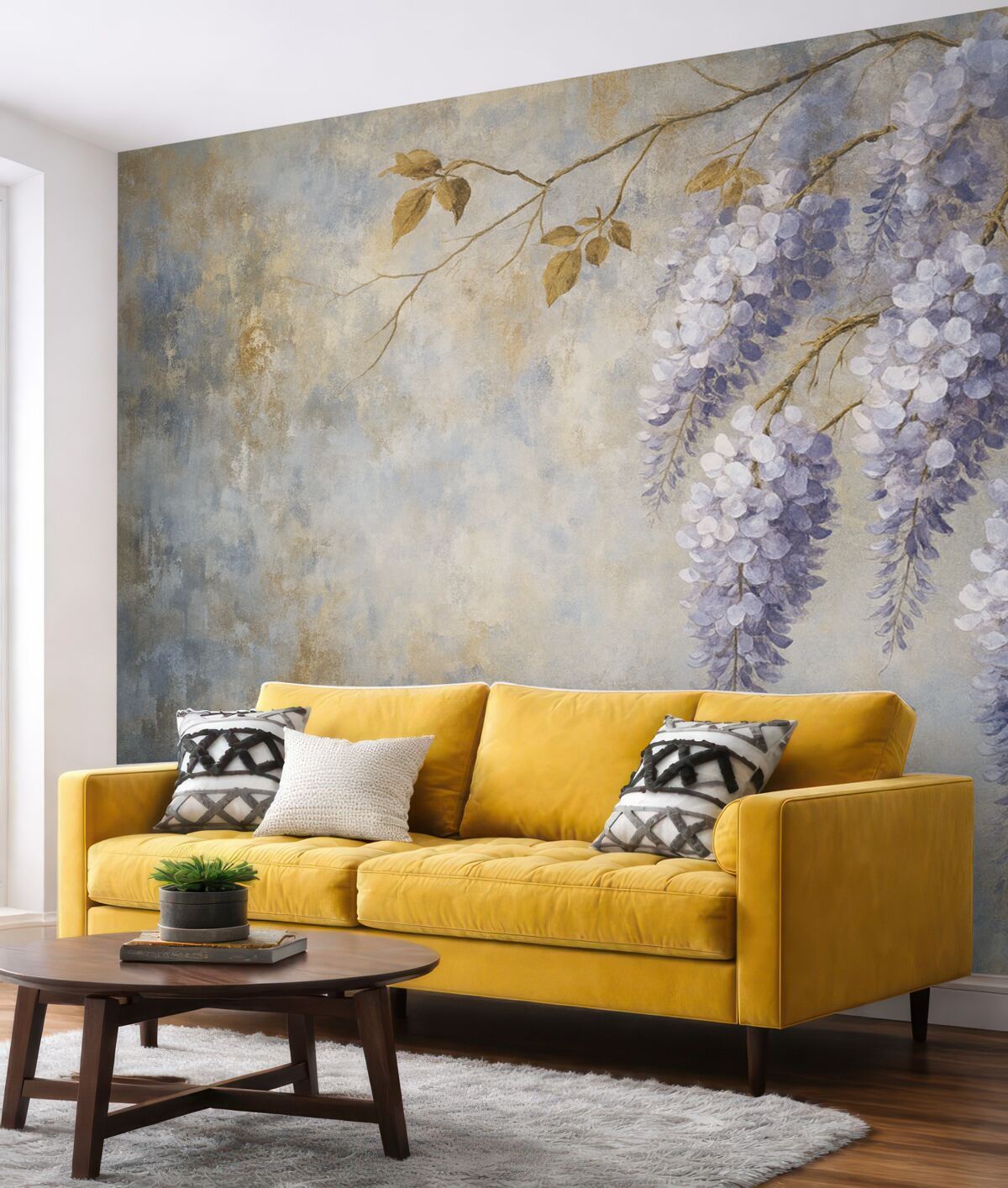 Fototapeta Teksturowana tapeta w łagodnych, subtelnych barwach z delikatnymi kwiatuszkami i gałązkami wisterii.