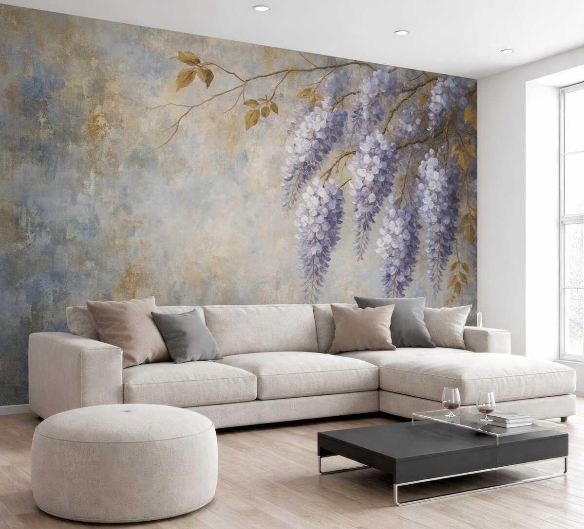 Fototapeta Teksturowana tapeta w łagodnych, subtelnych barwach z delikatnymi kwiatuszkami i gałązkami wisterii.
