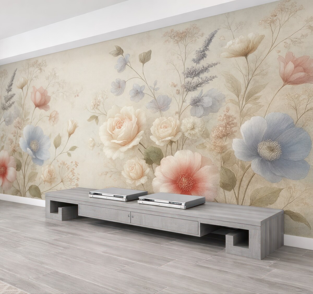 Fototapeta Subtelne łąkowe kwiaty w pastelowych odcieniach na fakturowanym tle.