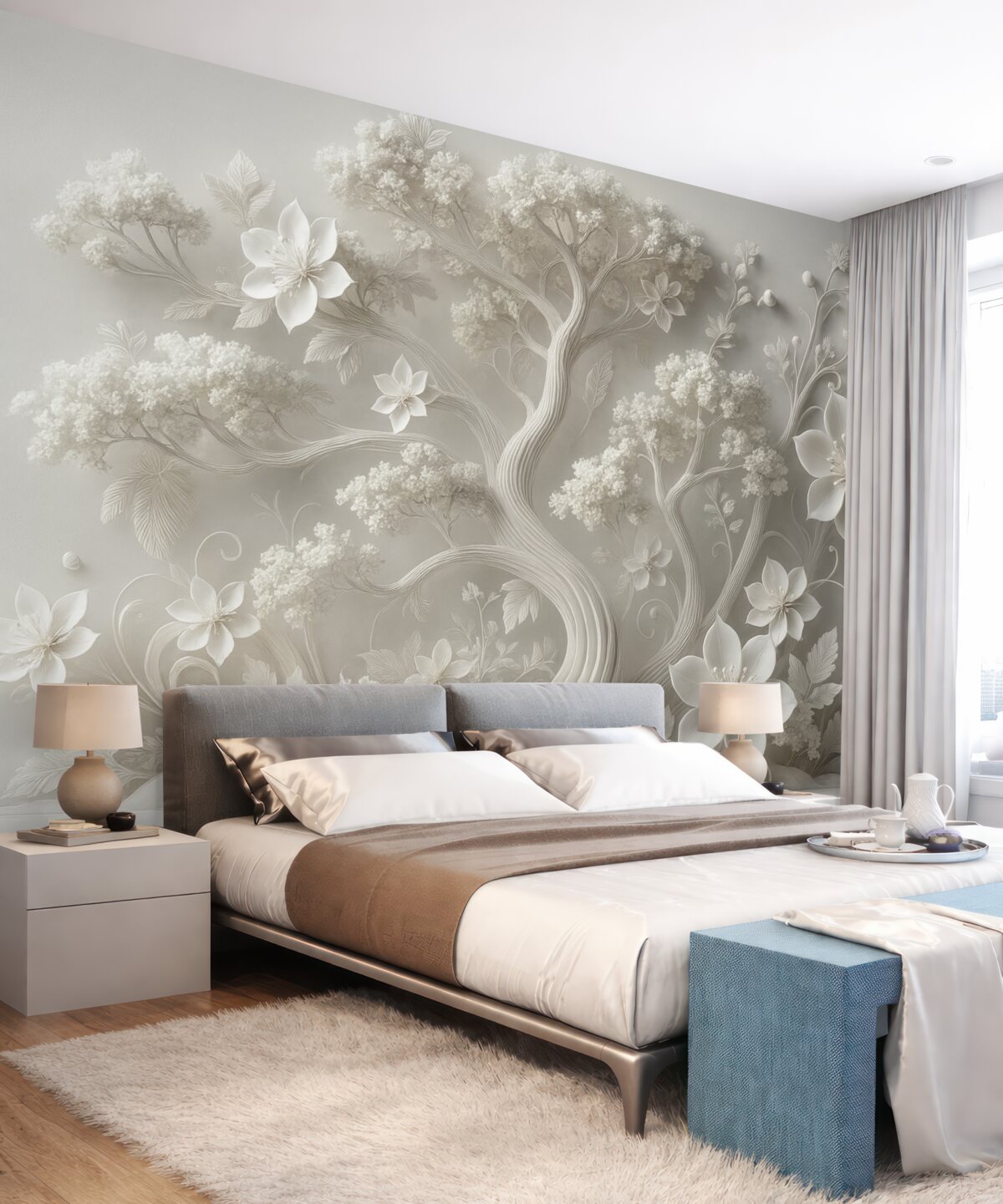 Fototapeta fantazyjne białe drzewo z bukietami kwiatów