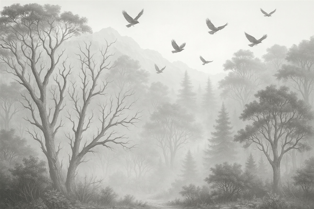 Fototapeta Postacie drzew z ptakami w mgle.