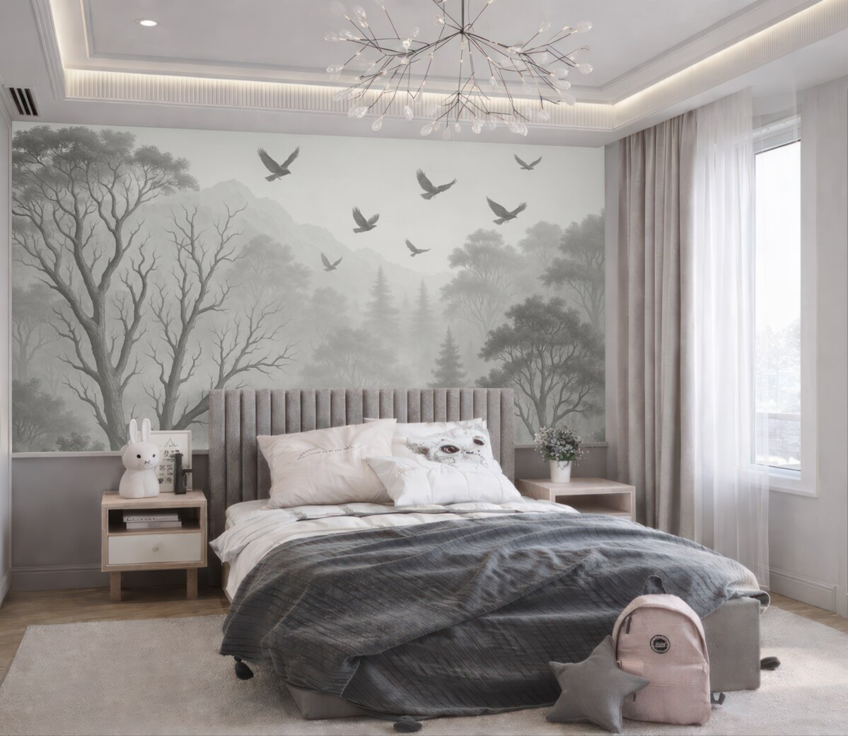 Fototapeta Postacie drzew z ptakami w mgle.