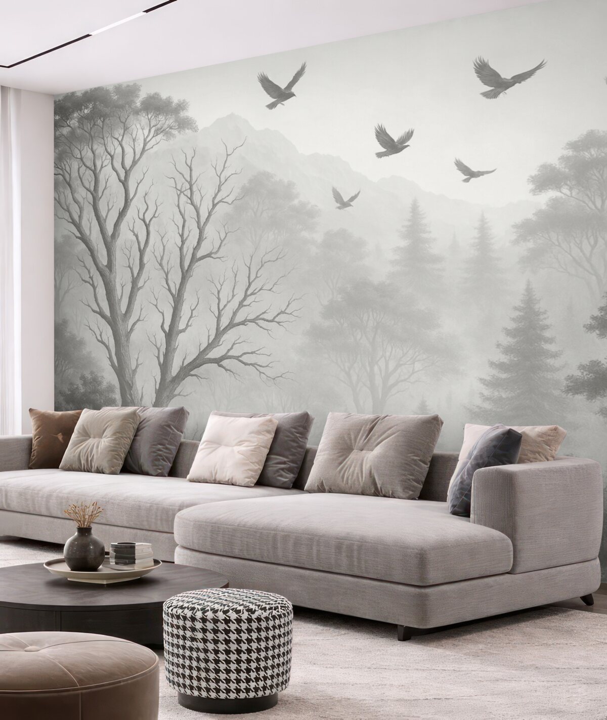 Fototapeta Postacie drzew z ptakami w mgle.