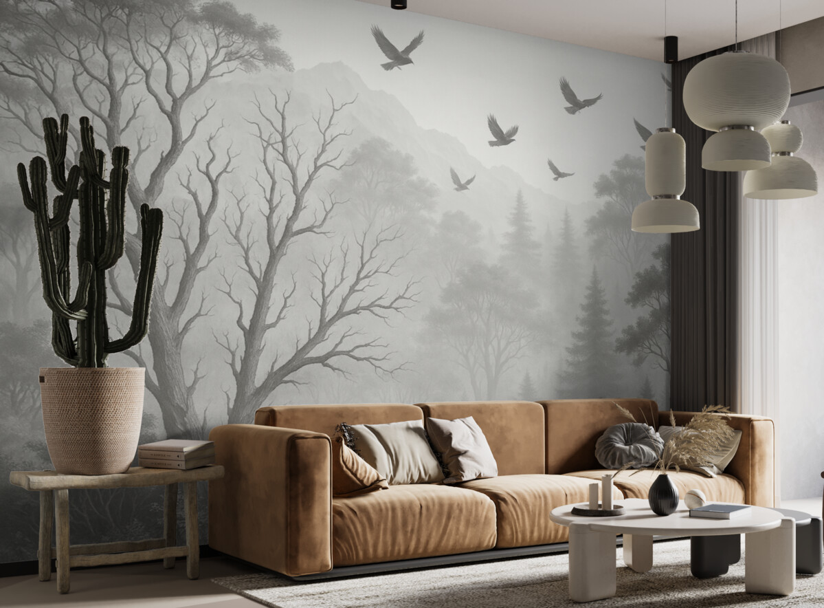 Fototapeta Postacie drzew z ptakami w mgle.