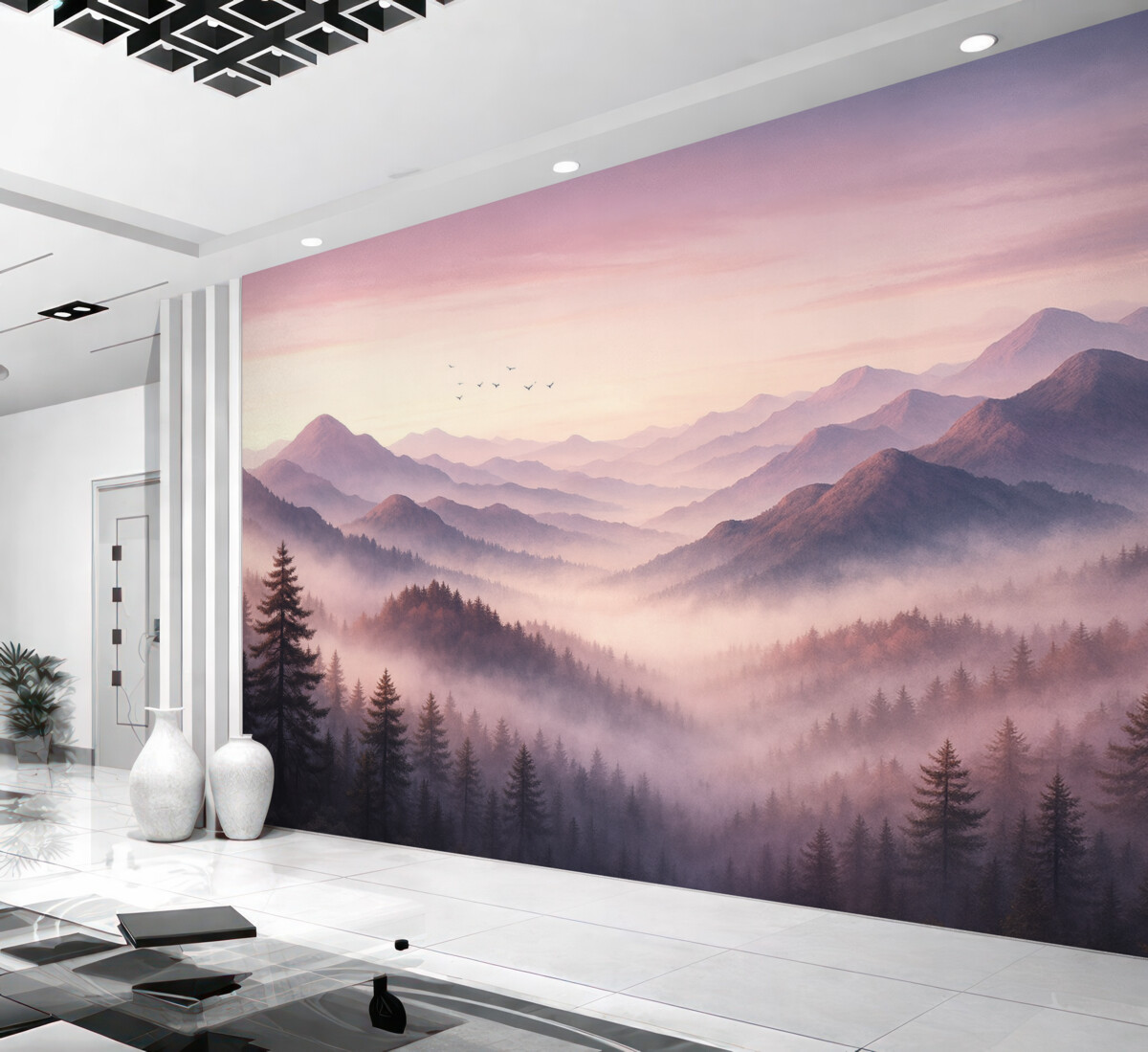 Fototapeta Góry w mgle o poranku przypominają akwarelę.