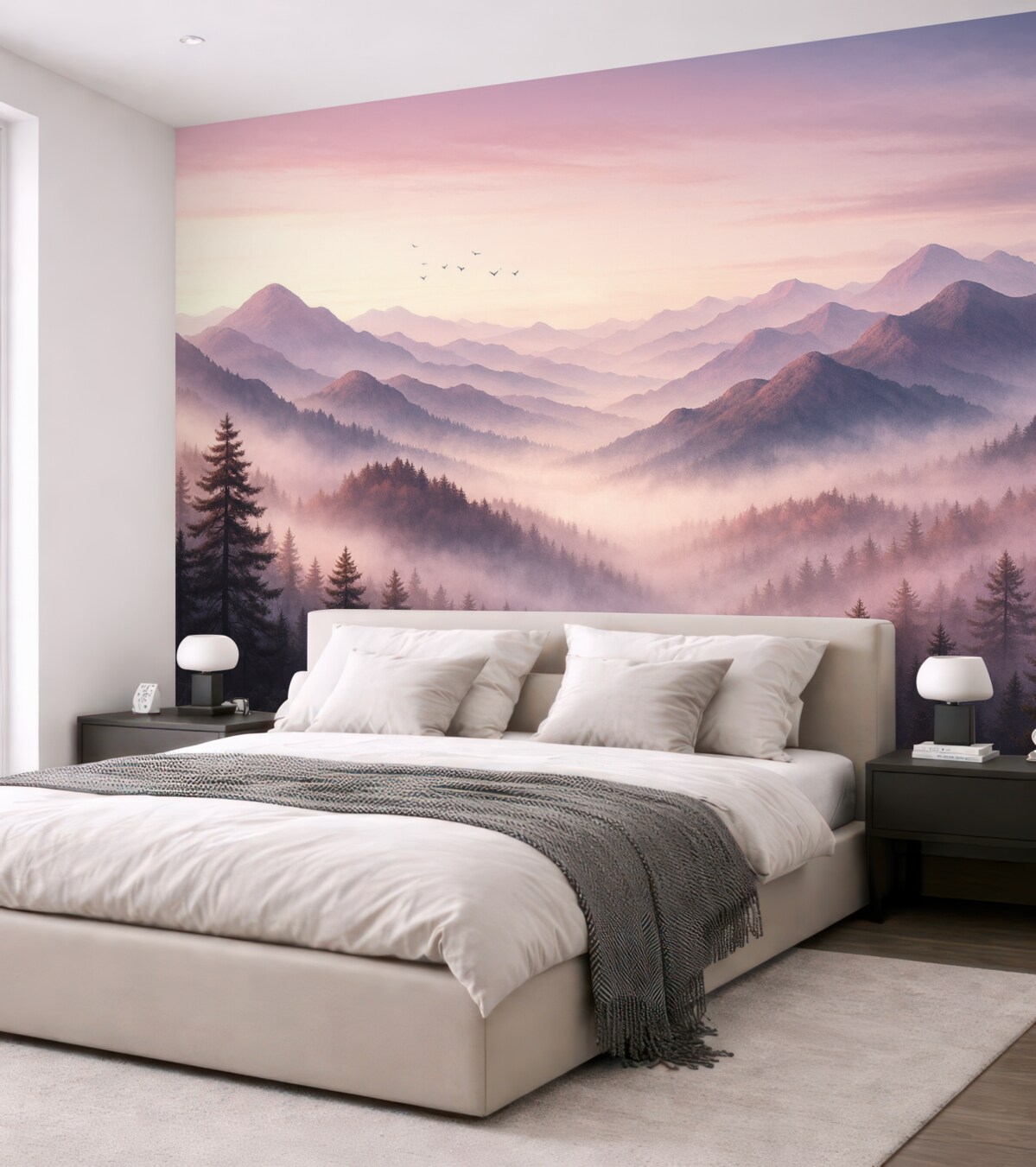 Fototapeta Góry w mgle o poranku przypominają akwarelę.