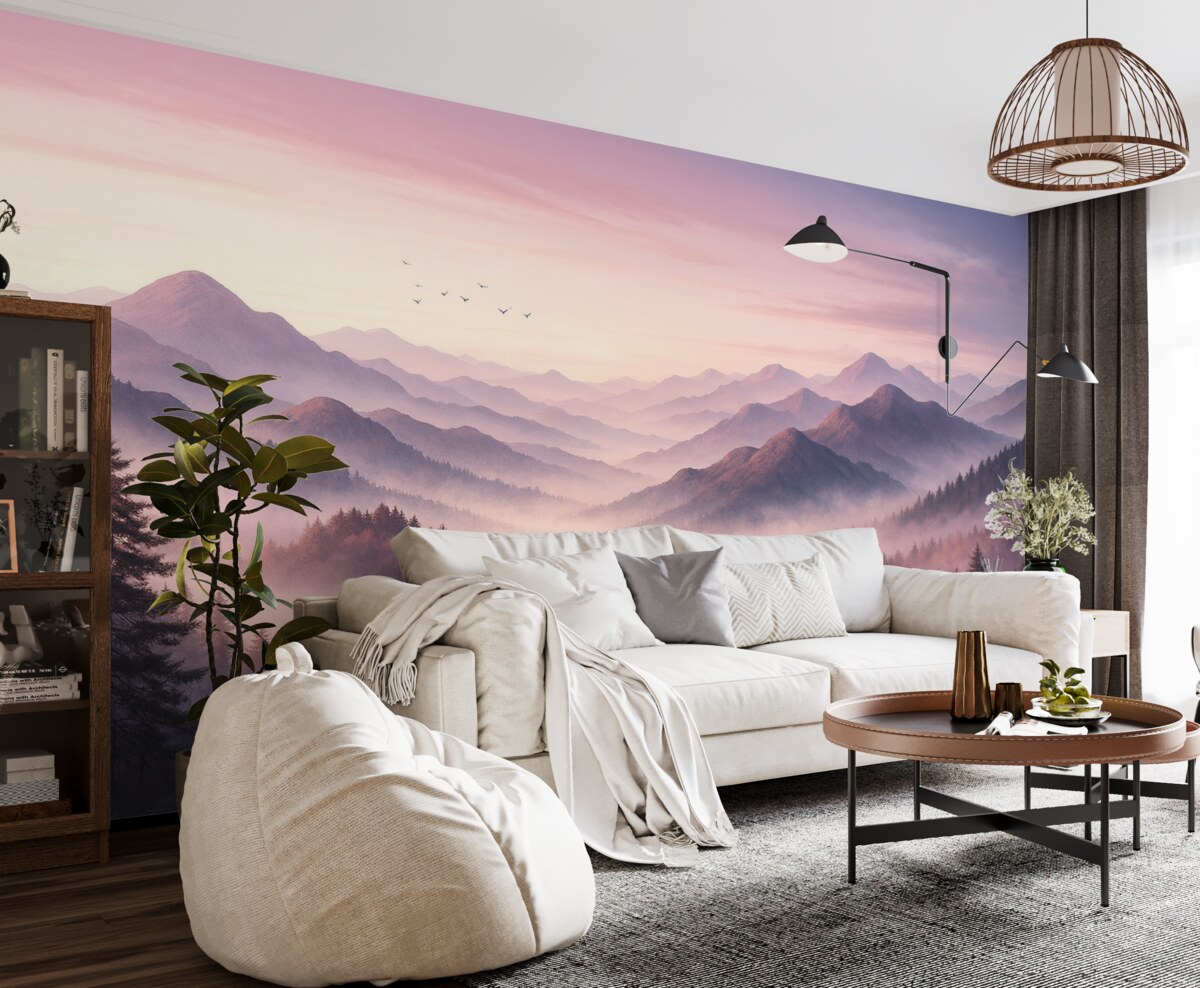 Fototapeta Góry w mgle o poranku przypominają akwarelę.