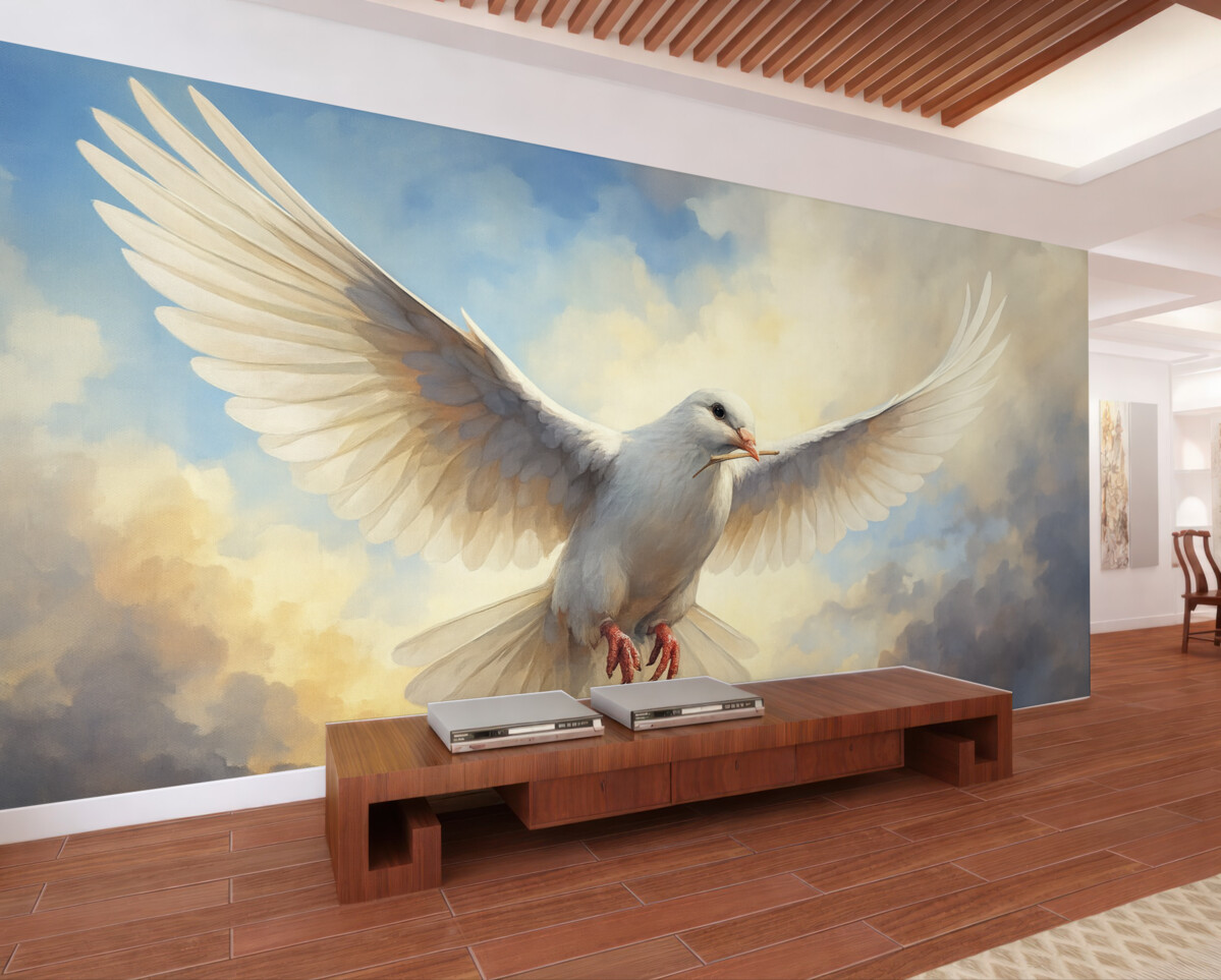 Fototapeta Obraz przedstawiający białą gołębicę na niebie.