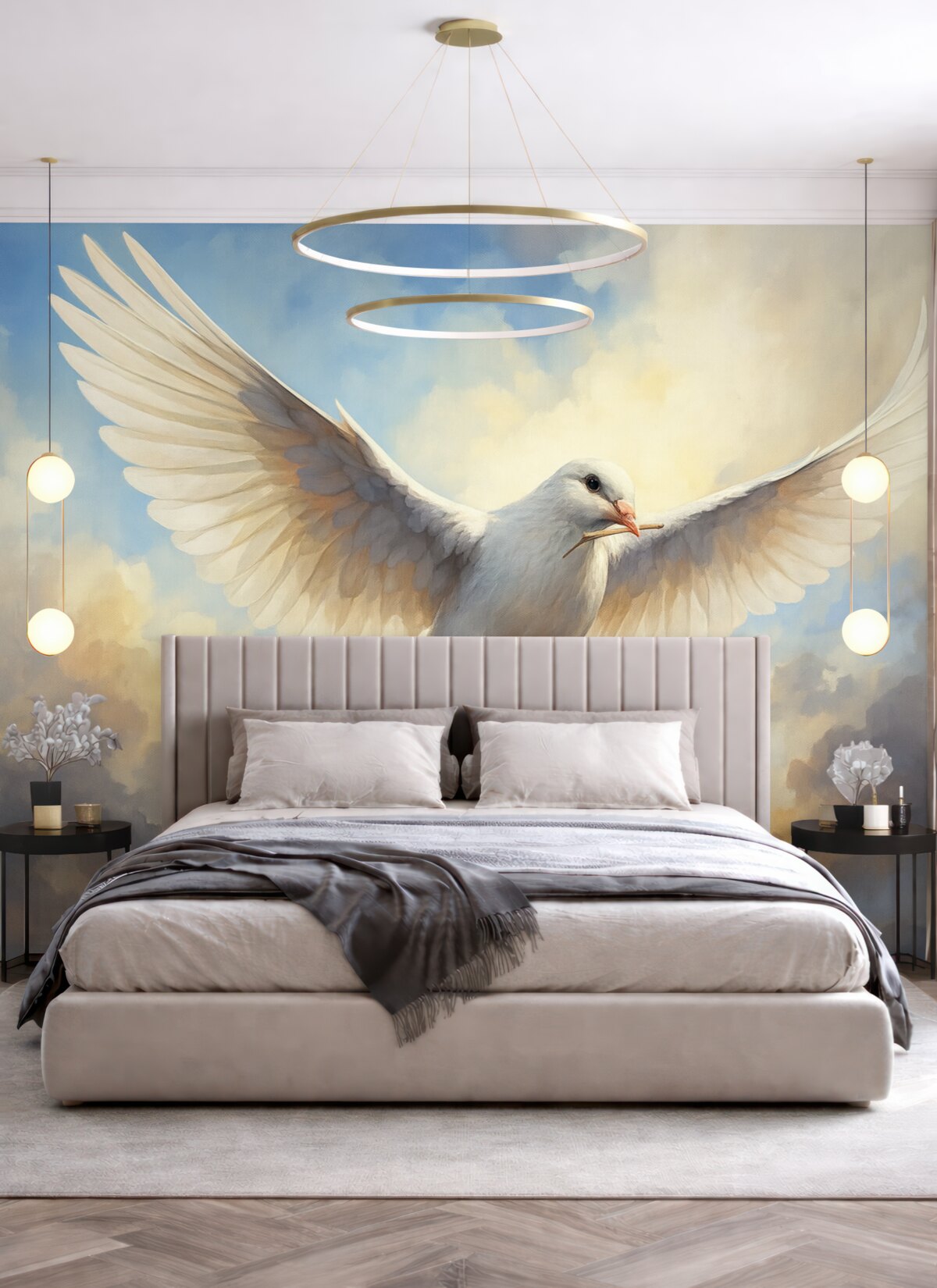 Fototapeta Obraz przedstawiający białą gołębicę na niebie.