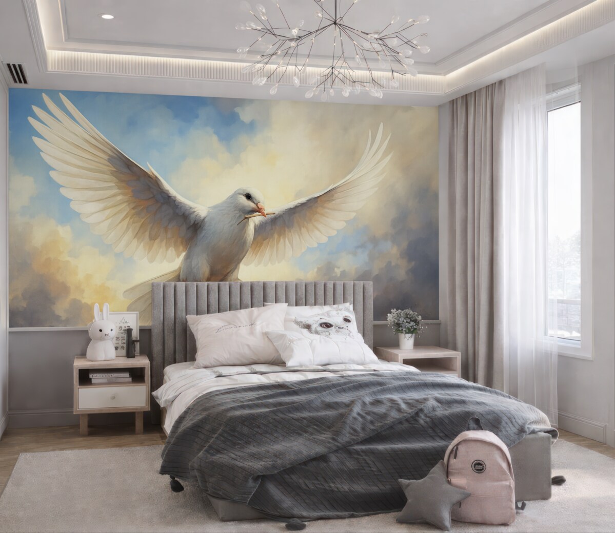 Fototapeta Obraz przedstawiający białą gołębicę na niebie.