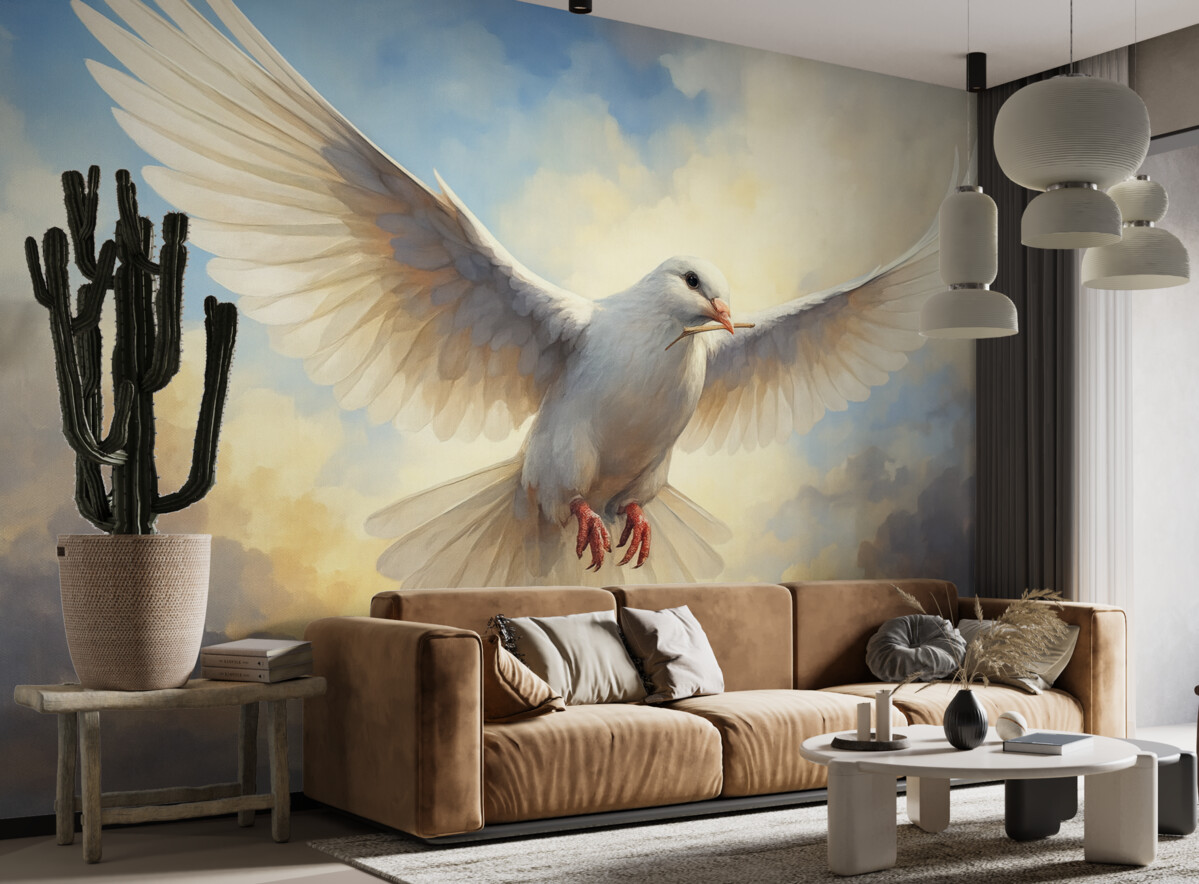 Fototapeta Obraz przedstawiający białą gołębicę na niebie.