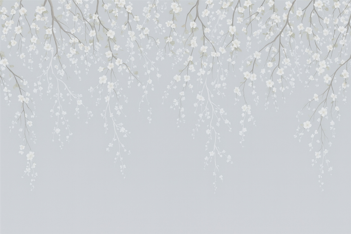 Fototapeta Opadające subtelne gałązki z kwiatami na błękitnym tle.