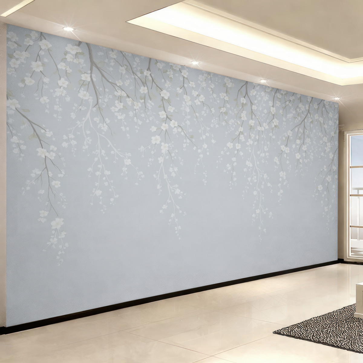 Fototapeta Opadające subtelne gałązki z kwiatami na błękitnym tle.