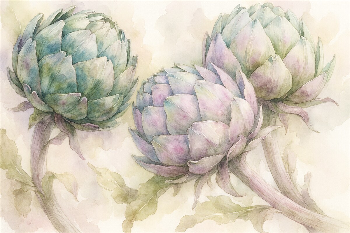 Fototapeta Karczochy w technice akwarelowej, kwiaty, lila i zieleń.