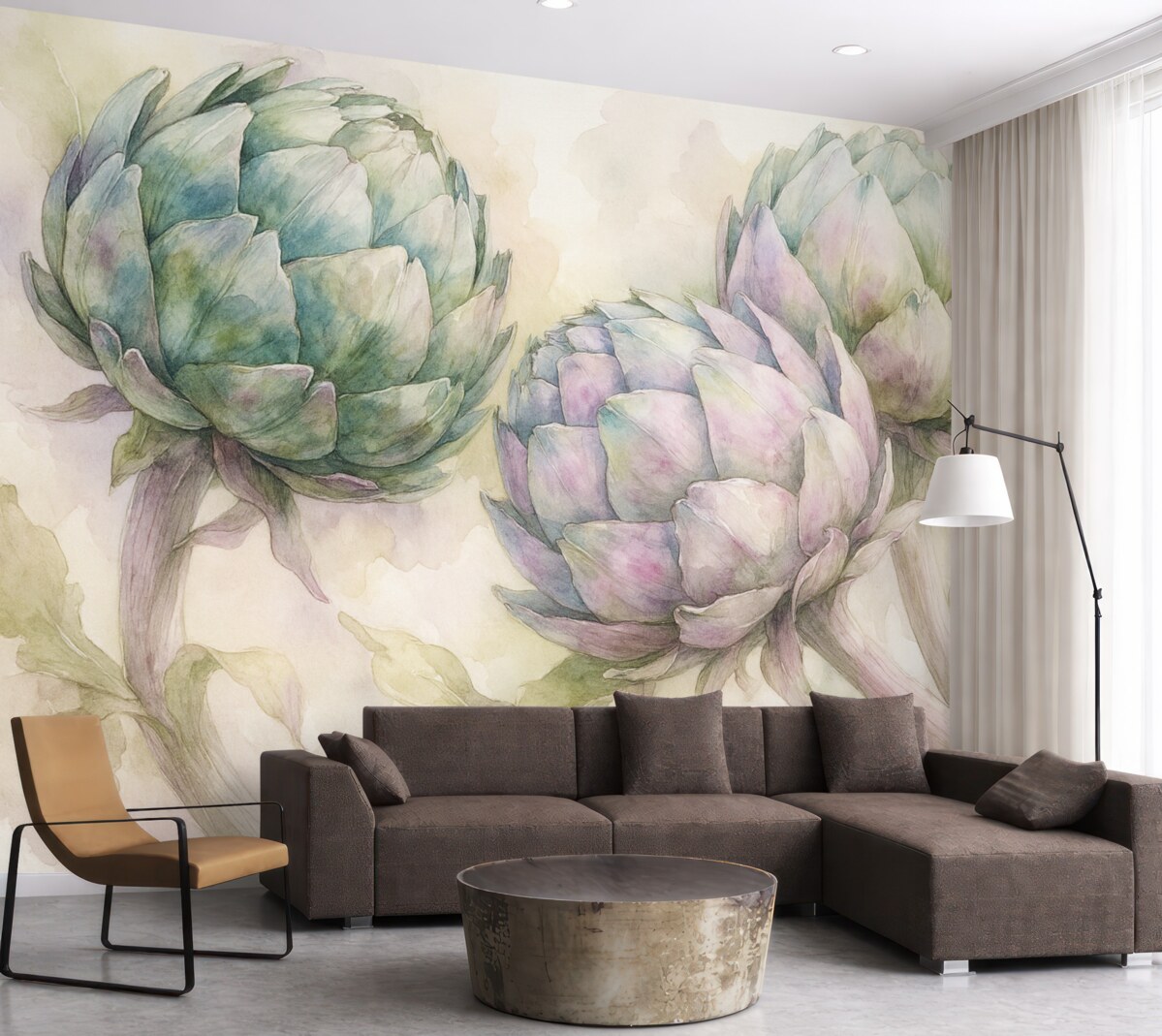 Fototapeta Karczochy w technice akwarelowej, kwiaty, lila i zieleń.