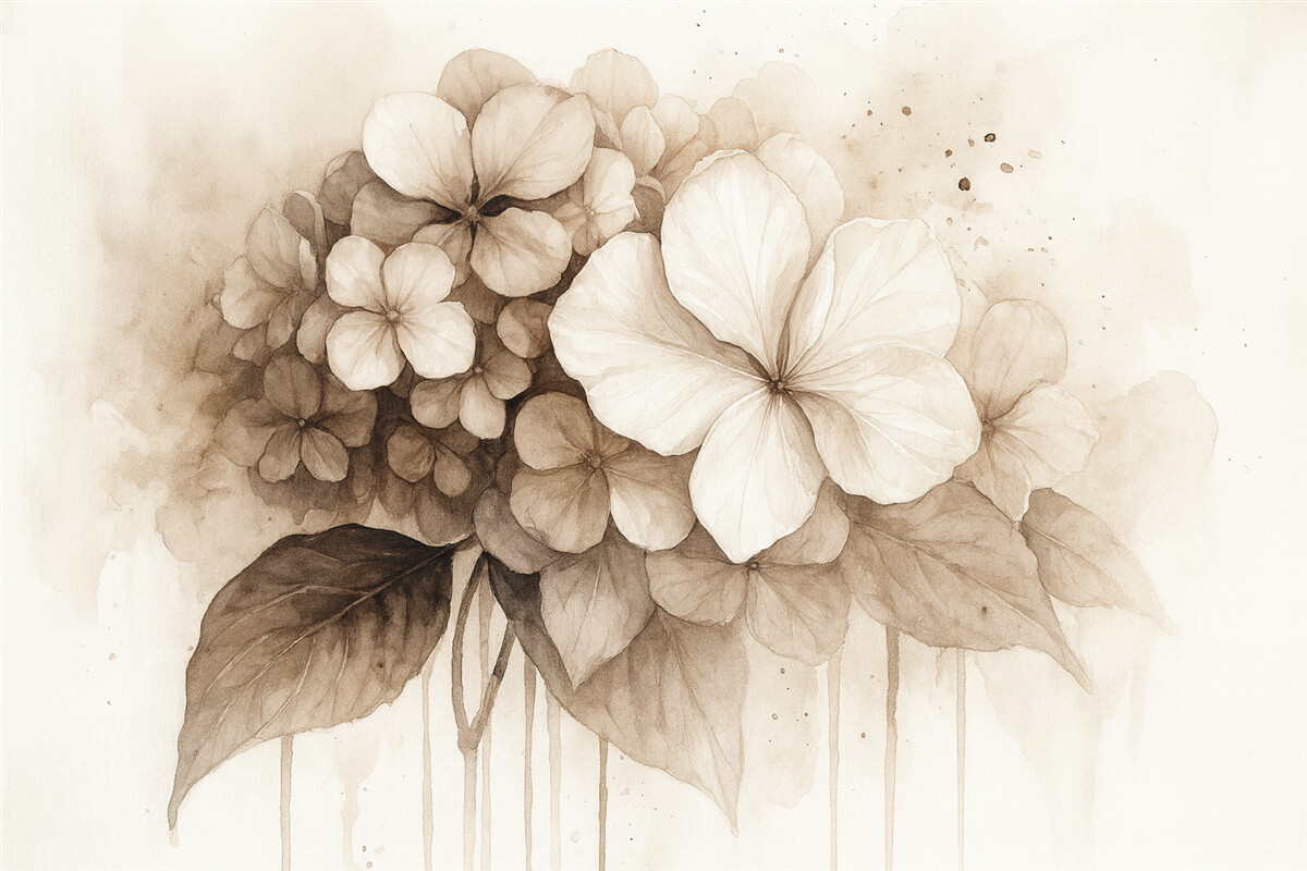 Fototapeta Obraz hortensji, technika akwareli, odcienie beżu.